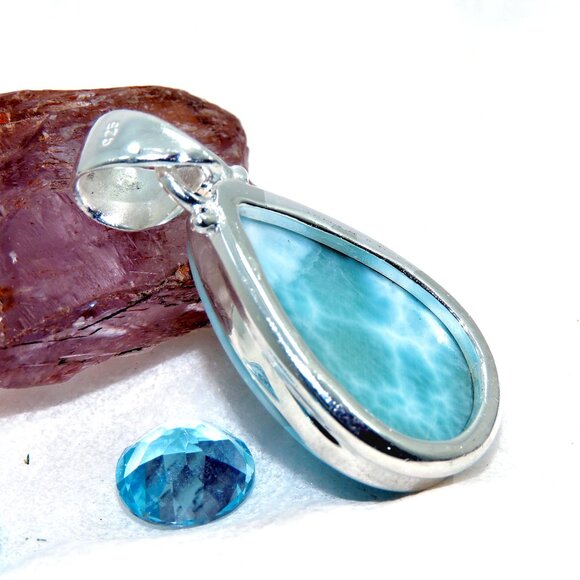 Larimar Sterling Silver Pendant Necklace, Handmade Silver Larimar Pendants - Picture 3 of 4